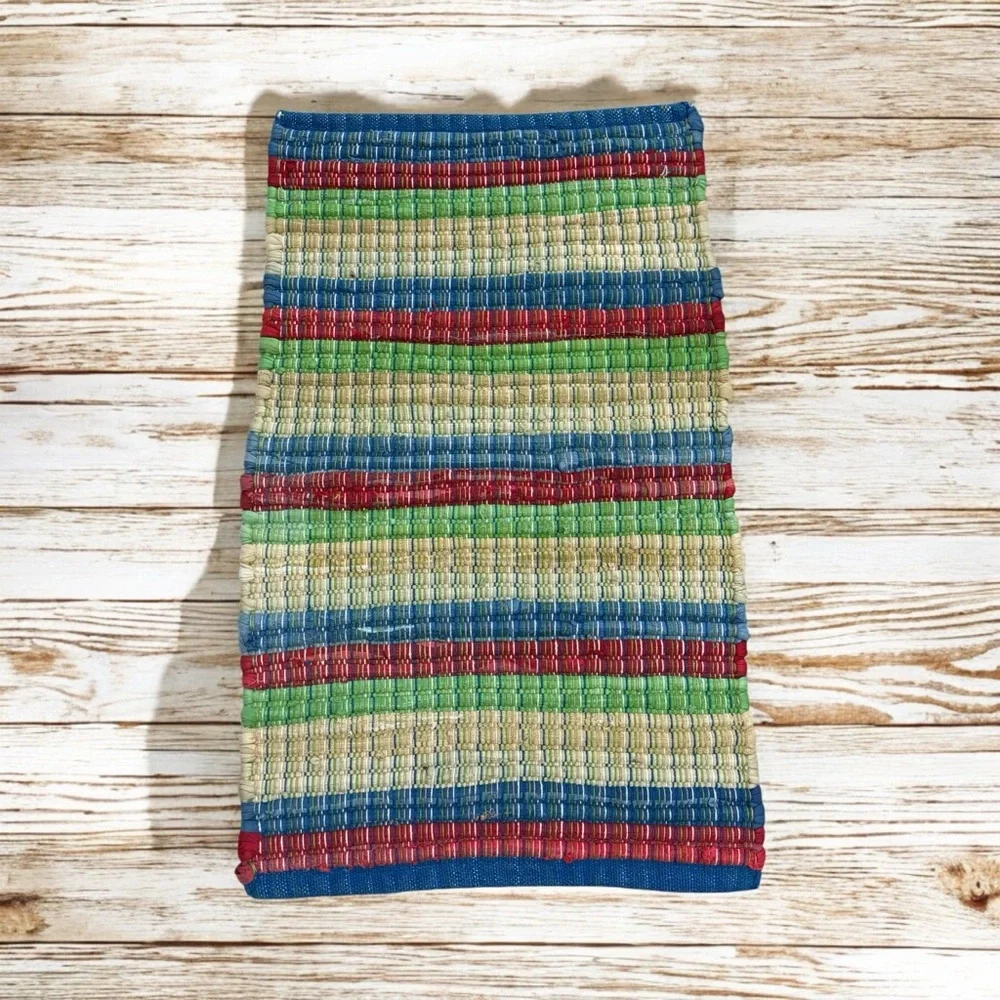 Vintage Thick Handwoven Throw Rug Striped Red White Blue Green Tan 30”x 18”